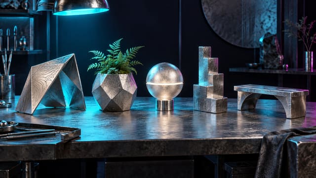 Concept illustration of modular silver objects arranged on a creator's workbench.