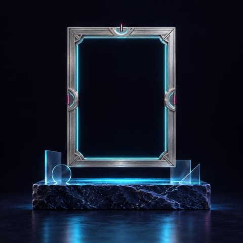 Concept illustration of an unfilled silver display frame above a small plinth.