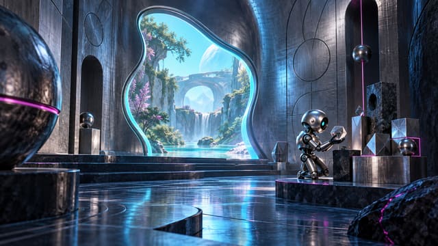 Concept illustration of a silver atrium and small chrome robot beside a cyan portal into a garden.